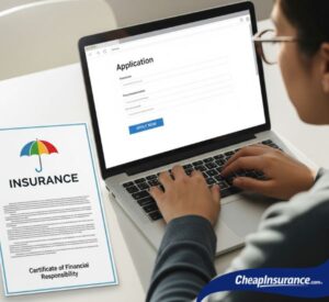 A person typing on a laptop next to a document with an umbrella and "insurance" label, symbolizing the digital process of obtaining a Certificate of Financial Responsibility.