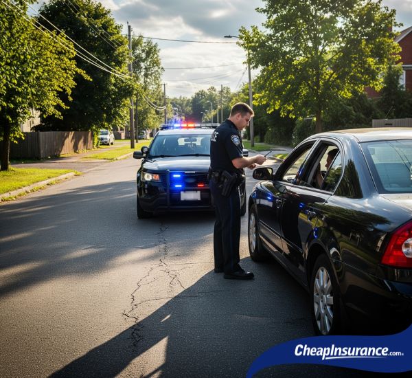 A police officer's car with flashing lights pulling over a civilian car on a side street, symbolizing a traffic stop for a speeding violation.
