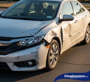 A car with a smashed front bumper, symbolizing the need for car insurance options after getting a bad driving record.