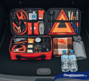 An example roadside emergency kit in a car's trunk, showing the essential items needed to build your own.