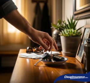 A man reaching for car keys, symbolizing the act of driving and the personal factors that affect a car insurance rate.