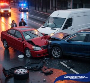 A car accident involving three cars, symbolizing a complex insurance claim that may take time to settle.