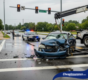 A wrecked car being towed away from an accident scene, symbolizing the immediate need to report the incident to an insurance company.