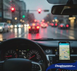 A car's dashboard with a rainy road ahead, symbolizing the need for fast car insurance coverage before an unexpected event.