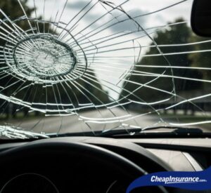 A close-up view of a cracked and chipped car windshield, symbolizing vehicle damage that may or may not be covered by car insurance.