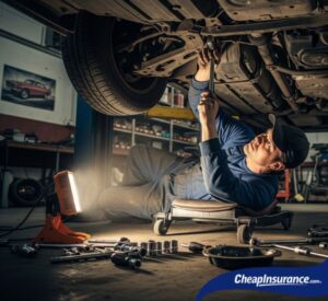 A mechanic working underneath a car in a body shop, representing the repair process after a catalytic converter is stolen and the role of comprehensive car insurance coverage.
