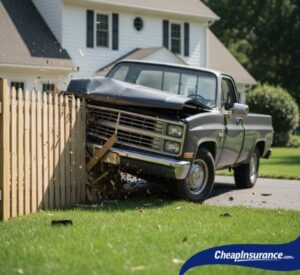A truck crashing into a homeowner's fence, symbolizing an accident that is covered by property damage liability car insurance.