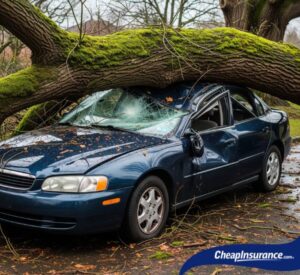 A car with its roof damaged by a falling tree branch, symbolizing the type of non-collision event that comprehensive car insurance can cover.