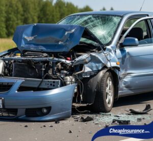 A badly damaged car with a dented front end and deployed airbags, symbolizing the type of costly repair that collision insurance helps to cover.
