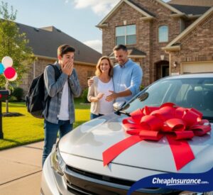 A mom and dad gifting a new car to their teenage son, symbolizing the start of his need for car insurance as a new driver.