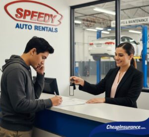 A man receiving a rental car at a rental shop, representing the need for rental car coverage while a personal vehicle is in the body shop for repairs.