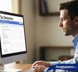 A man filling out a tax form on his computer, symbolizing the process of finding out if car insurance is a tax-deductible expense.