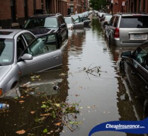Cars affected by flood damage, symbolizing the risk that auto insurance can cover during a severe storm or flood event.
