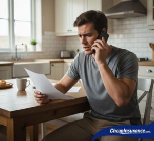A bewildered man on the phone looking at a piece of paper, representing the confusion about whose insurance to call after a car accident.