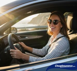 A happy woman driving her car, symbolizing the confidence and peace of mind that comes with maintaining a clean driving record and low insurance rates.
