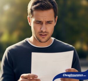 A man looking at a piece of paper with a confused expression, symbolizing the confusion that drivers feel when they are required to file an FR-44 form.