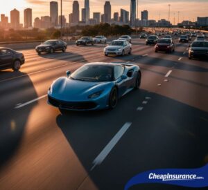 A nice car driving on a freeway, symbolizing the need for insurance and legal requirements before registering a vehicle.