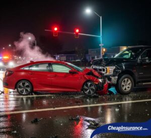 A car accident at a traffic light, symbolizing an at-fault car accident and the insurance claim process that follows.