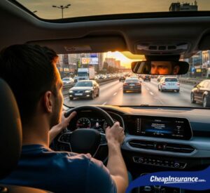 A driver's view of the road through a car's dashboard, symbolizing the question of whether a policy covers the driver or the vehicle.