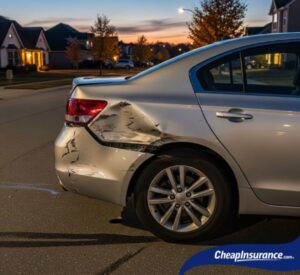 A car with a damaged rear bumper, symbolizing the aftermath of a hit-and-run accident and the need for insurance claim guidance.