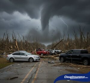 Cars being damaged by a tornado, symbolizing the severe storm damage that comprehensive car insurance covers.