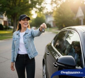 A lady holding new car keys, looking excited, symbolizing a new car purchase and the need to understand the insurance grace period.