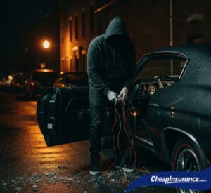 A masked man stealing a car at night, symbolizing the theft event that initiates the car insurance claim process for a stolen vehicle.