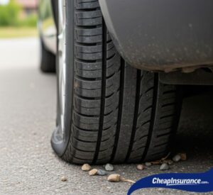 A car's deflated flat tire showing damage, illustrating the type of roadside issue an insurance policy may or may not cover.