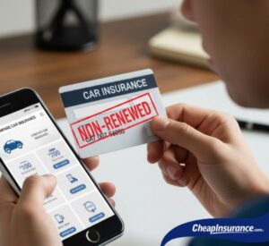 A man on his phone out weighing his options bout his car insurance nonrenewal