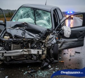 A completely totaled car, symbolizing a vehicle that has been deemed a total loss by a car insurance company.