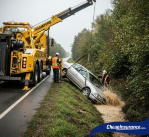 A car being towed out of a ditch, symbolizing a driving incident that can lead to a high-risk driving record.