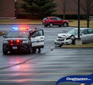 A police officer responding to an accident in a parking lot, symbolizing the importance of a police report for insurance claims.