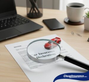 A magnifying glass on a piece of paper that reads "car insurance declarations," symbolizing the process of carefully reading your policy.
