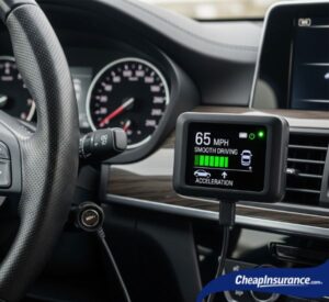 A telematics device mounted on a car's dashboard, symbolizing how usage-based insurance tracks driving habits to calculate premiums.