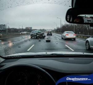 A dashboard view of the road with a vehicle accident ahead, symbolizing the use of a dashcam to document and provide evidence for car insurance claims.