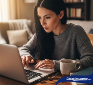 A woman doing research on her laptop, symbolizing the use of online tools to get instant car insurance quotes.
