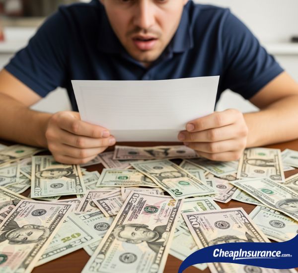 A man looking at a car insurance quote with money on the table, symbolizing the hidden fees and charges to watch out for.