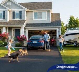 A family playing outside a home with a car and a boat in the driveway, symbolizing the multiple assets that can be covered by bundling insurance policies.
