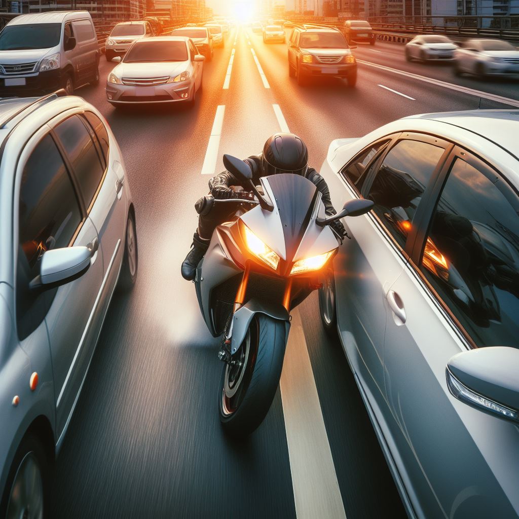 motorcycle lane splitting next to car