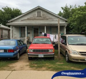 Three cars parked in front of a house, symbolizing the need for low-income car insurance programs.