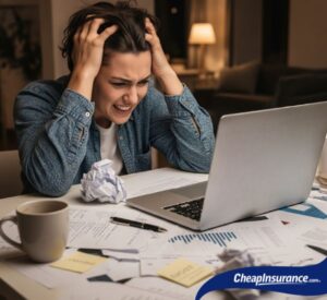 A woman looking frustrated while doing research on her laptop, symbolizing the confusion that can lead to common car insurance mistakes.