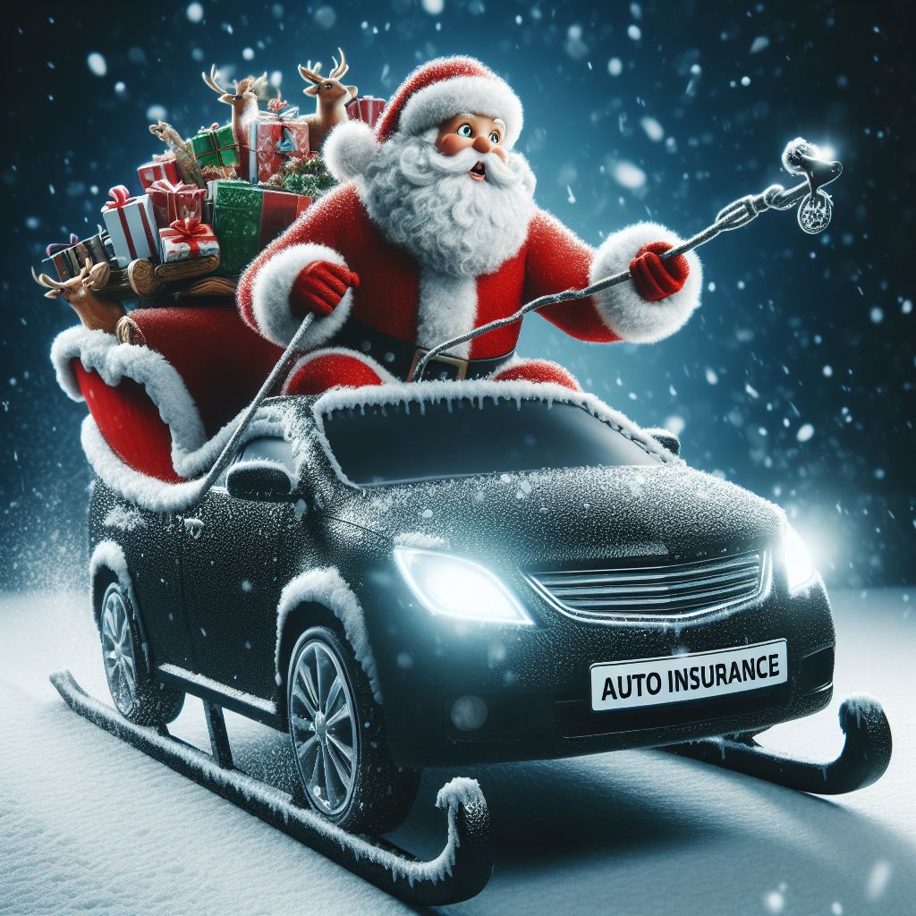 santa in a black coupe sleigh with a sack of gifts