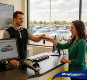 A rental car employee hands keys to a customer, symbolizing the rental reimbursement coverage provided by a car insurance policy.
