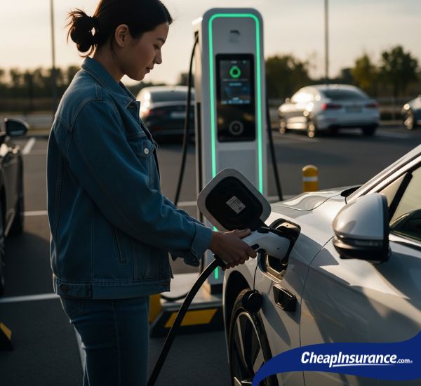 A woman plugging in her electric car, symbolizing how eco-friendly car choices can lead to auto insurance discounts.