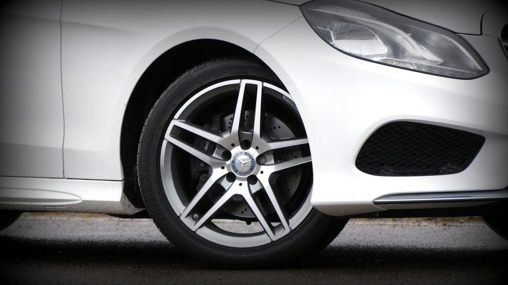 close up of mercedes benz wheel and tire