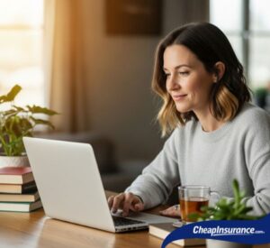 A woman smiling while using a laptop, symbolizing the ease and happiness of getting 7 Tips for Getting Cheap Auto Insurance Quotes Online