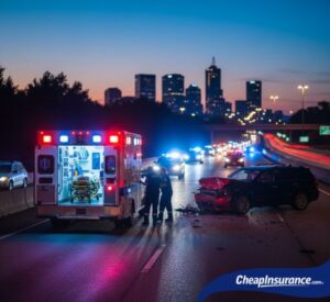 An ambulance arriving at a car crash scene, symbolizing the medical expenses that car insurance medical payments coverage can help cover.