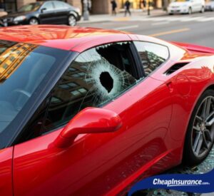 A car with a smashed front window, symbolizing an incident where Mastering the Art of Cheap Car Insurance is needed