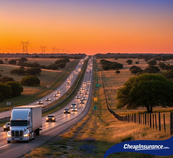 Cars driving on a busy highway in Texas, symbolizing the most popular cars and trucks used for travel in the state.
