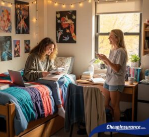 Two girls sharing a college dorm room, symbolizing the importance of renters insurance for protecting student belongings and liability coverage.